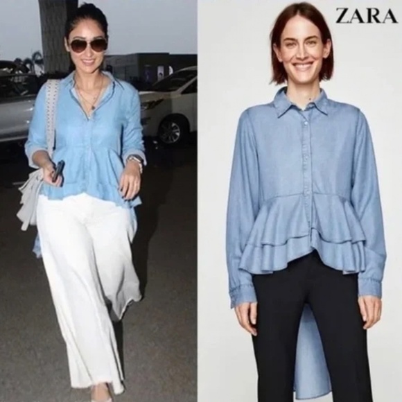 Zara Tops - Zara Blue Chambray Asymmetric Hi-low Button Front Peplum Long Sleeve Top